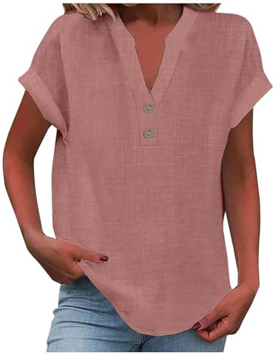 KOG Damen Shirt Mode Leinenshirt Tee T-Shirt Fashion Kurzarm Bluse Teenager T-Shirts Oversize Leinenhemd Tshirts Frau Rundhals Oversized Tshirt Rosa XL