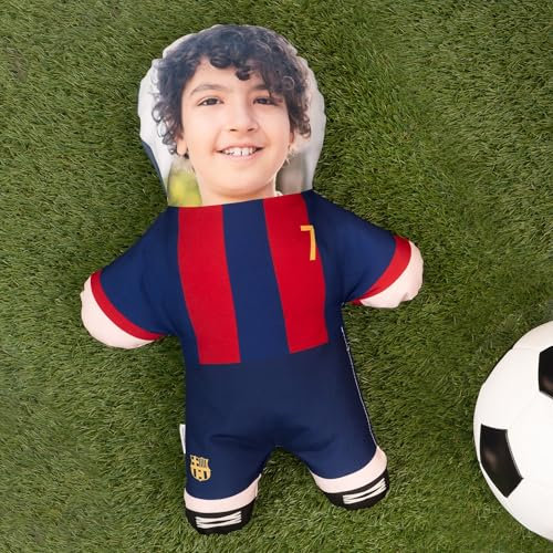 Wanapix | Personalisierter Kissenpupp mit Foto | Fußball | Barcelona | Mini Me mit Blaugrana-Ausrüstung und deinem Gesicht | Mini Kuschelpuppe für Barcelona-Fans