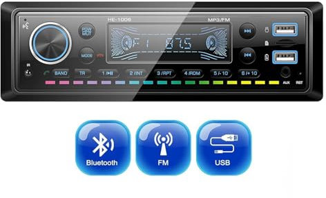 CAMECHO 1 DIN Autoradio Automotriz, Reproductor Multimedia Digital de 4 x 45W con Bluetooth, Manos Libres, Sintonizador de Radio FM, Reproductor MP3, Carga USB, Entrada AUX, Reproducción de Disco U