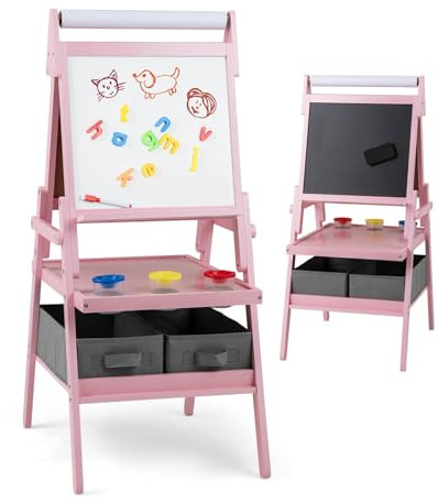 RELAX4LIFE Cavalletto per Bambini, Cavalletto a Doppia Faccia con Rullo di Carta, Vassoi di Stoccaggio, 4 Tazze per Pittura e 2 Cassetti, Cavalletto Disegno in Legno per Bambini 3-10 Anni (Rosa)