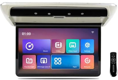 Monitor de techo de coche de 14 pulgadas, TV abatible hacia abajo, pantalla de vídeo HD de 1080P, pantalla IPS con luz ambiental de 16 colores, SD, HDMI, FM, Android 10(Gray)