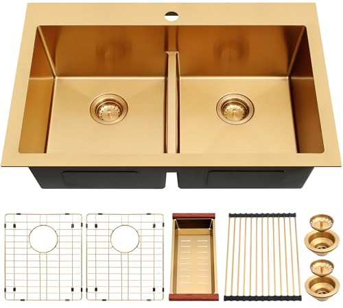 MILOSEN Goldfarbene Doppelbecken-Küchenspüle, 84 x 55 cm, 50/50 T304 Edelstahl, goldfarbene Küchenspüle, Topmount große und tiefe Arbeitsplatzspüle, handgefertigtes niedriges Doppelwaschbecken mit