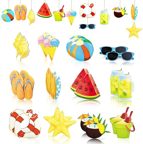 24PCS Summer Decorations Hanging Wooden Ornaments,Tropical Hanging Ornaments for Beach Luau,Hawaiian Tropical Summer Beach Pool Party Backdrops Decorations Supplies