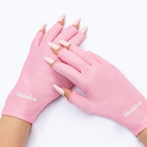 MelodySusie Premium UV Protection Gloves for Manicures, Cool Feeling Fabric,Professional UPF50+, UV Gloves for Gel Nail Lamp, Anti UV Light, Skin Care Fingerless Design, Pink