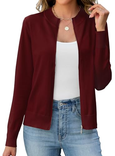 Enqoole Strickjacke Damen Kurz Langarm Reissverschluss Pullover Cardigan | Leichte Trachtenjacke mit Stehkragen, Baumwolle, Weiches Material, Eleganter & Vielseitiger, Geeignet für Büro und Freizeit