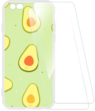 ESACMOT Bedruckte Hülle + 2 Glas Schutzfolie Kompatibel mit iPhone 6, Stoßfeste Weiche Cover und HD Klare Tempered Glass Folie (Avocado)