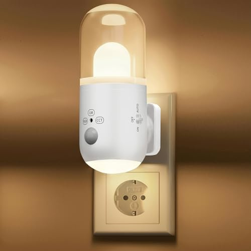 SuglanBee Nachtlicht Steckdose mit Bewegungsmelder & Dämmerungssensor | 3 Farbtemperaturen，RGB 8 Modi ,5 Helligkeitsstufen (20-240 LM) für Flur Treppe Schlafzimmer Wohnzimmer(Weiß 1Stück)