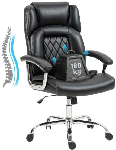 HOMCOM Big and Tall Office Chair 180kg Executive PU Leather Wide Seat Black | Desk Chair, Spring Cushion, High Back, Adjustable Height, Swivel Wheels, Built-in Headrest, Tilt Function