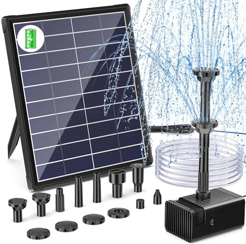 Biling 6W Solar Springbrunnen für außen mit Akku, 10 Fontänenstilen und mit 3000 mAh Batterie Solarbrunnen für Draussen Gartenteiche Vogel-Bad Schwimmende, mit Wasserleitung DIY Solar Wasserspiele