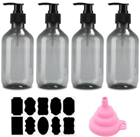 4 Stück Seifenspender, 300 ml Befüllen, Duschgel Spender, Pumpspender, nachfüllbare Pumpflaschen, Leere Shampooflaschen für Dusche Lotionen Shampoos + Trichter & Etikett(Grau) (grau)