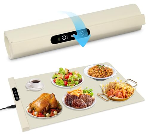Vicloon Plateau Chauffant électrique en Silicone, 24 x 15.16, Pliable et Pliable, avec 6 Niveaux de température et minuterie 6 Heures, Idéal pour la Maison et Les buffets-Crème