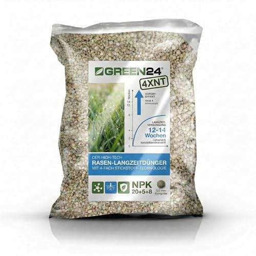 GREEN24 Profi Rasendünger 4XNT (1 kg) NPK 20+5+8 mit Schnell & Langzeitwirkung 3 Monate (1 kg/25 m²) – Für einen dichten, sattgrünen Traumrasen (mit 4 fach N Technologie)