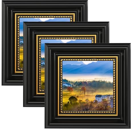 Bilderrahmen Vintage Set, 3 Stück 10x10 cm Schwarz Bilderrahmen Quadrat mit Acrylglas, Retro Klein Fotorahmen zum Aufstellen und Aufhängen, Picture Photo Frame für Wohnzimmer Schlafzimmer Büro