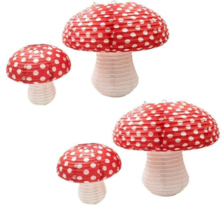 Kisangel 4 Stück Pilzförmige Papierlaternen Rot Verschiedene Größen (20x18,5cm 35x35 Cm) Hängelaternen für Kindergeburtstag und Gartendeko