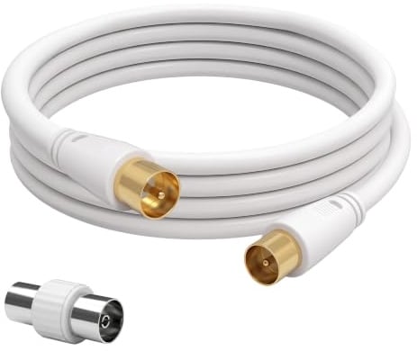 Mowpiny 1,8m TV-Antennenkabel, 9,5 mm Koaxialkabel Stecker auf Stecker mit Adapter Buchse, 75 Ohm Koaxial Kabel für Kabel- Antennen- Satelliten-TV DVB-T2 DVB-C DVB-S2, Weiß