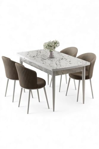 Hanah Home Modernes, ausziehbares Esszimmer-Set (5-teilig), Weißmarmor & Cappuccino, 130-174 cm | 100% MDF, Metallbeine, stilvoll und funktional für Esszimmer