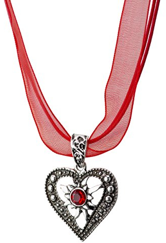 Trachtenkette Herzstein eleganter Herz Anhänger mit funkelndem Strass - Trachtenschmuck Kette für Dirndl und Lederhose (Rot)