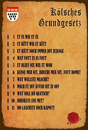 Schatzmix FA1181 Kölsches Grundgesetz Metallschild Wanddeko 20x30 cm tin Sign Blechschild, Blech, Mehrfarbig