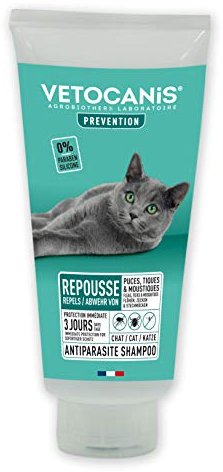 Vetocanis | Shampoing pour Chat | Shampoing Anti-puces et Anti-tiques Répulsif | Formulé sous Contrôle Vétérinaire | sans Parabène ni Silicone | Extrait de Plantes | Pour tous Types de Poils | 300 ml