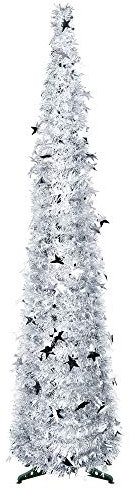 FINGOOO 5ft/1.5m Collapsible Christmas Tree Silver Tinsel Pop Up Coastal Christmas Tree for Holiday Xmas Decorations, Home Display, Office Decor