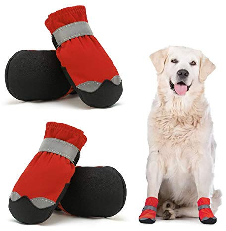Dociote wasserdichte Hundeschuhe pfotenschutz mit Anti-Rutsch Sohle, reflektierendem Riemen, Klettverschluss Schneeschuhe für mittelgroße große Hunde 4 Stück Rot 5#
