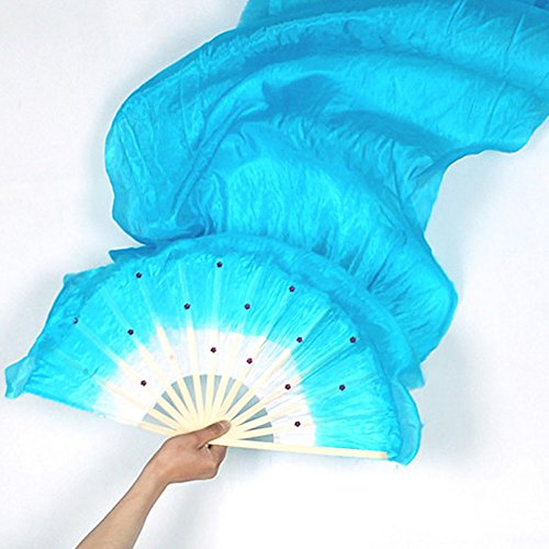 MOVKZACV Fashion Hand Made Belly Dance Dancing Silk Bamboo Long Fans Veils,Women Dance Costume Bamboo Long Silk Fans Veil Silk Fan(Blue)