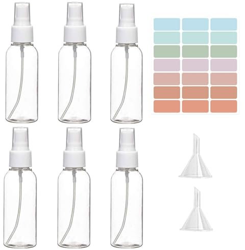 JOYSKY 10 Pcs1.69oz50ml Spray Bottle,Small Spray Bottles,Mini Clear Plastic Travel Bottles for Toiletries with Funnels and Stickers,Toiletries Lotion Shampoo Conditioner Shower Gel,Empty Spray Bottle