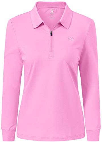 MoFiz Women's Long Sleeve Polo Shirts Cotton Golf Tops Casual Sports T-Shirt with 1/4 Zipper Pink Size M