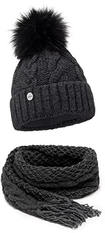 ELIMELI® Winter Mütze Schal Set Damenmütze mit Fell-Bommel Fleece Innenfutter - 2-teilig Damen Winterset - Wintermütze und passender Schal Damenschal- Strickmütze gefüttert - Made in EU (denkelgrau)