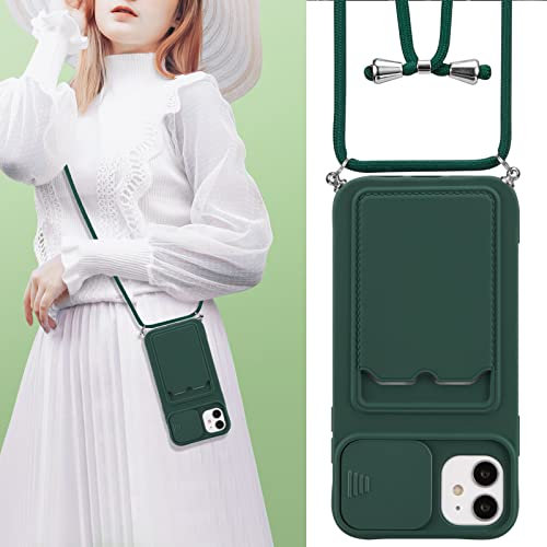 UEEBAI Crossbody Case for iPhone 11 6.1 inch with Camera Cover, Silicone Card Holder Phone Cover with Adjustable Necklace Strap Cord Lanyard Shockproof Protective Case - Dark Green