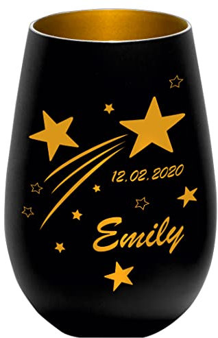 Sternenkind Trauerlicht Sternschnuppe - schwarz/Gold - Gedenklicht Teelichtglas personalisierbar Erinnerung Trauergeschenk mit Name und Datum