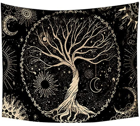 hocadon Baum des Lebens Wandteppich Aesthetic Schlafzimmer Wand Psychedelic Wandtuch Schwarz Crème Sonne Mond Wandteppich Wandbehang, 150 x 130cm(59 x 51 Zoll)