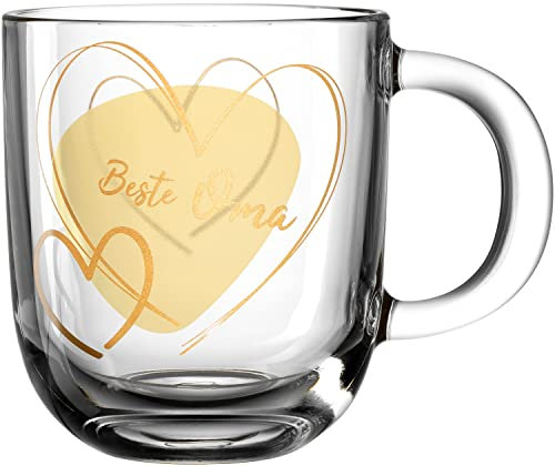 Leonardo Emozione Geschenk Tasse Beste Oma 1 Stück, spülmaschinengeeignete Tasse, gelbes Herz Motiv, Tee-Glas mikrowellenfest, 400 ml, 033226