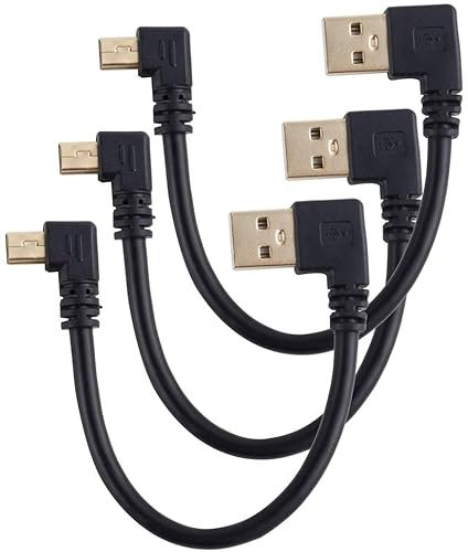 Lot de 3 mini câbles USB à angle droit vers mini USB - 12 cm - Plaqué or - Câble court USB 2.0 vers mini USB - Charge et synchronisation des données - 5 broches USB vers mini USB