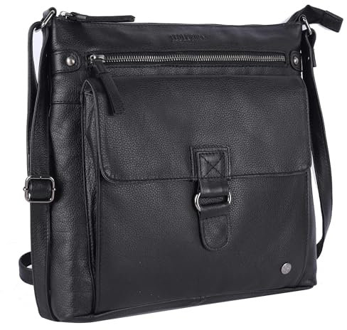 LEDERBUCK Shirley Damen-Crossbody-Handtasche und Geldbörse, weiches Echtleder, überkreuzte Schultertasche (Valentinstagsgeschenk), Schwarz, Large