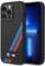 BMW M Collection Magsafe Liquid Silikon Schutzhülle für iPhone 14 Pro Max, schräge dreifarbige Streifen und gedrucktes Logo – Schwarz
