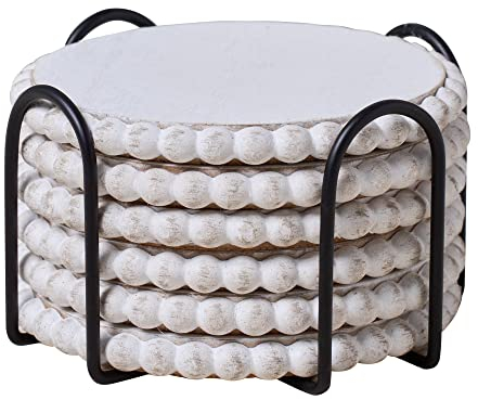 GENMOUS 6 Pack Farmhouse Wooden Bead Coasters with Metal Holder for Coffee Table Decor, Round Handmade Cup Coasters Set for Drinks Absorbent, Rustic Cute for Home Kitchen Table Décor