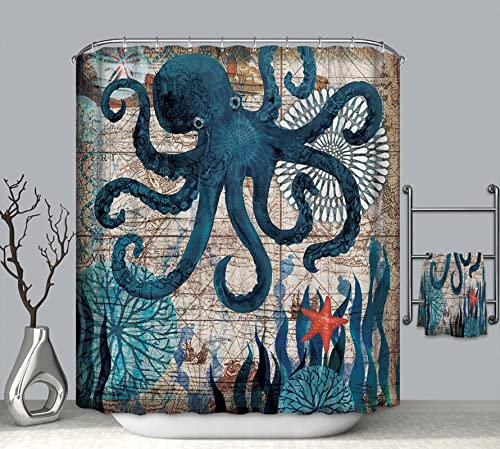 EHOMERY Rideau Douche Store Anneaux Rideaux Douche Poulpe Étoile De Mer Algues Rideau De Douche Imprimé Rideaux De Douche Manga Polyester Bleu 12 Anneaux De Crochets, 160X180Cm