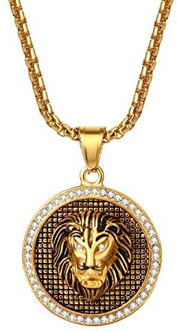 JewelryWe Schmuck Löwen Halskette Herren Edelstahl Zirkonia Löwenkopf Münze Medaillon Anhänger mit 22 Zoll Kette Gold Geschenk für Männer Jungen