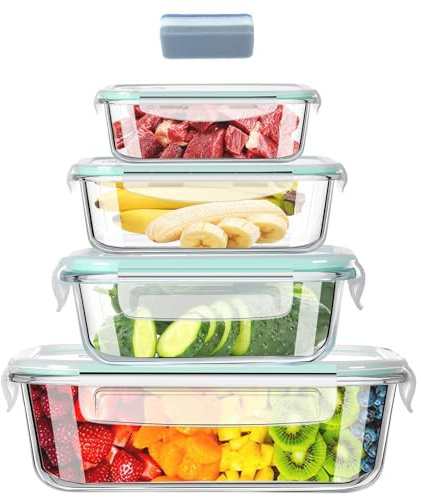 Hcrvvi Glass Containers With Lids Set, BPA - Free, Food Storage, Meal Prep Containers, Glass Storage Containers With Lids 4 Pieces 370ml, 640ml, 1040ml, 1520ml Each, and 1 Cleaning Sponges