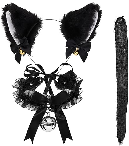Meleager Katzenohren Haarreif Cat Ears Catwoman Kostüm Cat Costume Halsband mit Glöckchen Katzenohren Cosplay Katzenschwanz Katze Cosplay Set Schwarz Geeignet für Halloween Party