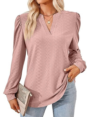 Coloody T-Shirt à Manches Longues pour Femmes Fashion Col V Tops Blouses décontractées de Couleur Unie-Rose pâle-S