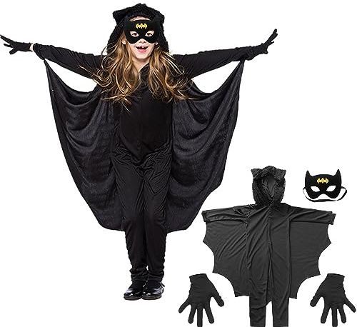 JOKSNK Deguisement Halloween Enfant, Ailes de Chauve-souris Vampire pour Enfant, Costume de chauve-souris, Cape Noir Halloween Gants halloween
