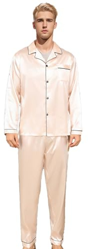 RuanMM - Pigiama da Uomo in Raso, Maniche Lunghe, Top e Pantaloni, Set da Notte Setoso, Rosa, M