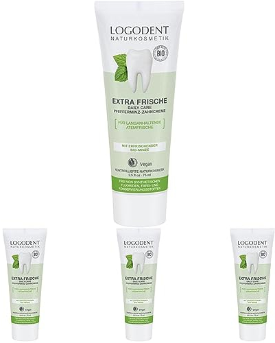LOGODENT Naturkosmetik EXTRA FRISCHE daily care Pfefferminz Zahncreme, Mit Bio-Kamille und Bio-Pfefferminzöl, Zur Gesunderhaltung des Zahnfleisches, Vegan, 1 x 75ml (Packung mit 4)