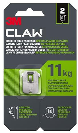 3M CLAW Paredes de Yeso 11 kg 3PH11-2WMR, 2 Ganchos, Plateado