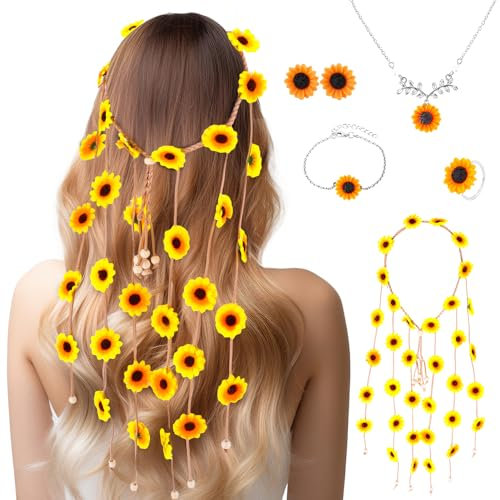 Apricitie 5 Stück Sonnenblumen Stirnbänder Sonnenblumen Schmuckset Sonnenblumen Halsketten Armbänder Ringe Ohrringe Böhmischer Blumenstil für Frauen Karneval Hochzeiten Partys Dekorationen