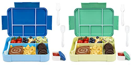 Bugucat Fiambrera infantil con compartimentos, 1330 ml, 2 unidades, fiambrera para niños, caja de almuerzo para niños, caja de almuerzo a prueba de fugas con 6 compartimentos, juego de cubiertos,