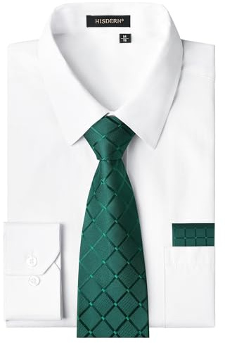 HISDERN White Shirt for Men Long Sleeve Formal Dress Shirt and Tie Set Casual Business Office Button Down with Pocket S