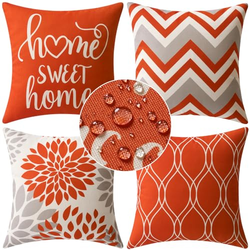 MIULEE Pack of 4er Kissenbezüge Outdoor wasserdichte Leinen Kissen wasserdichte Kissenbezug Gedruckte kissenhülle Für Zelt Park Bett Sofa Stuhl Schlafzimmer Dekorativ Balkon 50x50cm Orange Welle